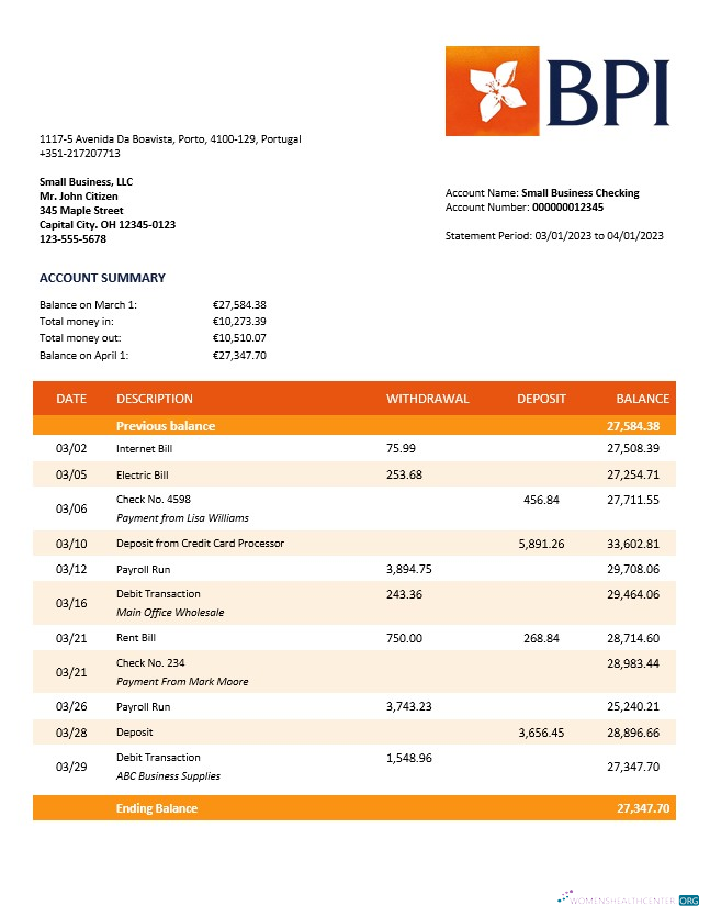 Download Banco BPI firm account statement Word and PDF template Photoshop template
